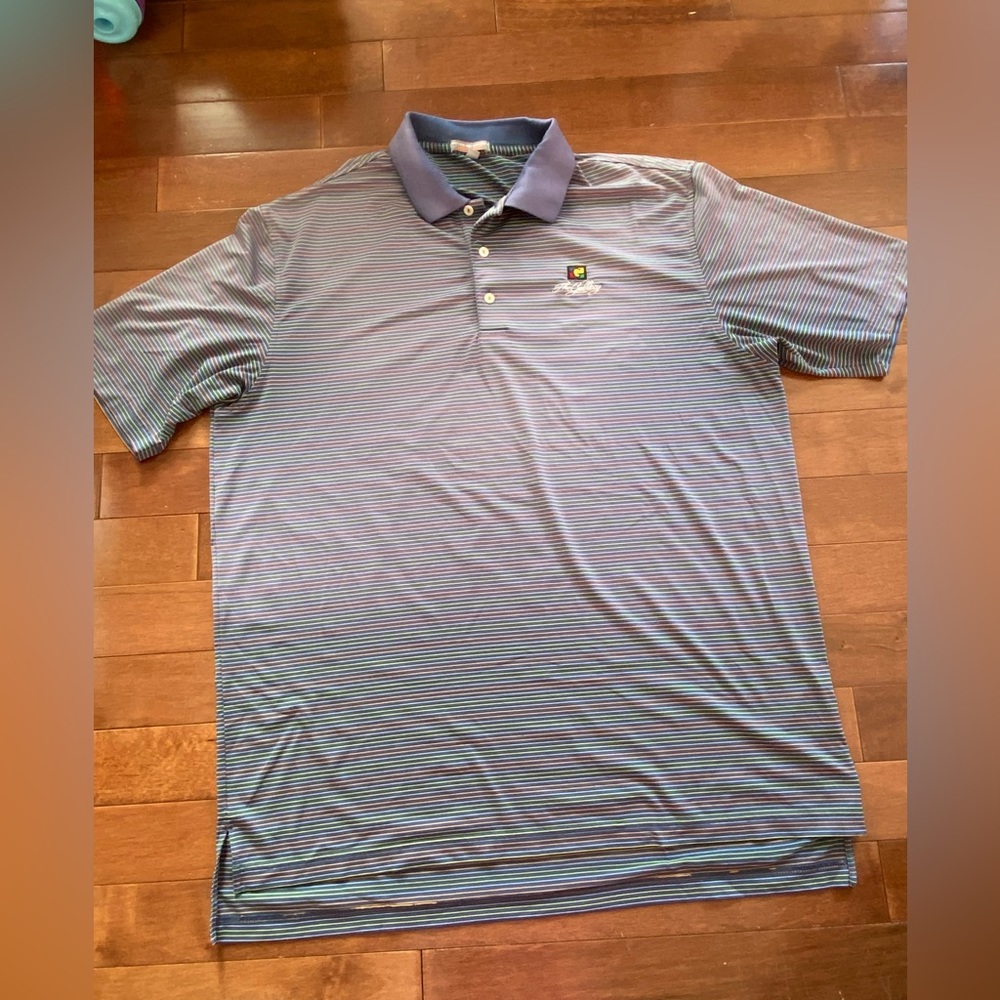 Peter Millar Polo Shirt Men sz XL Penstripe Blue comfort Short Sleeve Golf